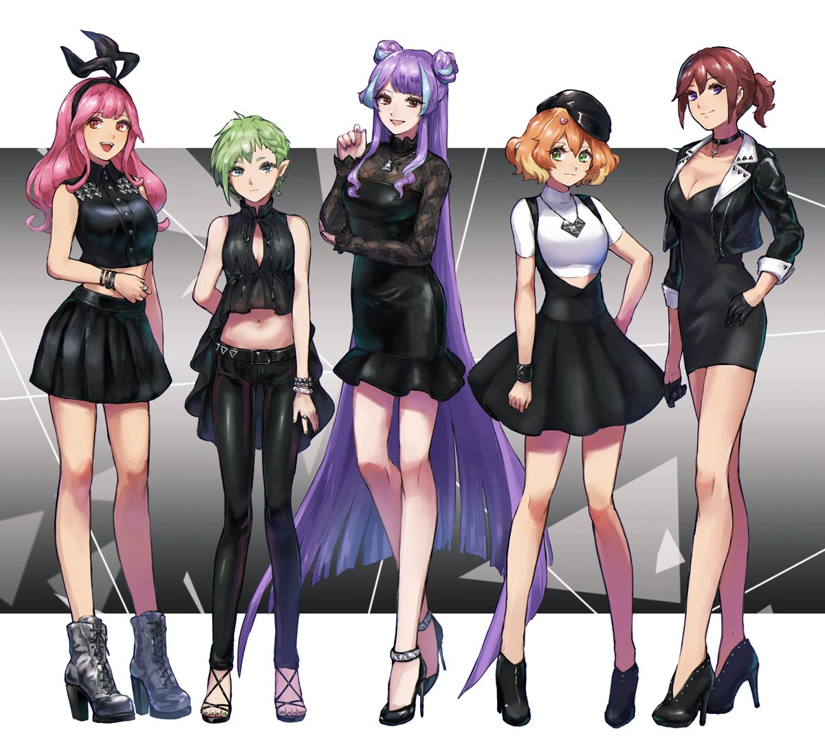 5girls :d asymmetrical_hair black_dress black_footwear black_gloves black_hairband black_headwear black_jacket black_pants black_skirt blonde_hair boots bracelet braid breasts brown_eyes brown_hair cleavage collar collarbone crop_top double_bun dress earrings french_braid freyja_wion full_body gloves green_eyes green_hair green_nails hair_between_eyes hair_ornament hairband half_gloves hat heart heart_hair_ornament high_heel_boots high_heels jacket jewelry kaname_buccaneer long_hair long_sleeves looking_at_viewer macross macross_delta makina_nakajima medium_breasts midriff mikumo_guynemer miniskirt multicolored_hair multiple_girls nail_polish navel necklace open_clothes open_jacket open_mouth pants pink_hair pumps purple_hair purple_nails reina_prowler ring shimatani_azu shiny shiny_hair shirt short_dress short_hair short_sleeves single_braid skirt sleeves small_breasts smile standing stomach suspender_skirt suspenders thigh_gap two-tone_hair very_long_hair violet_eyes white_background white_shirt