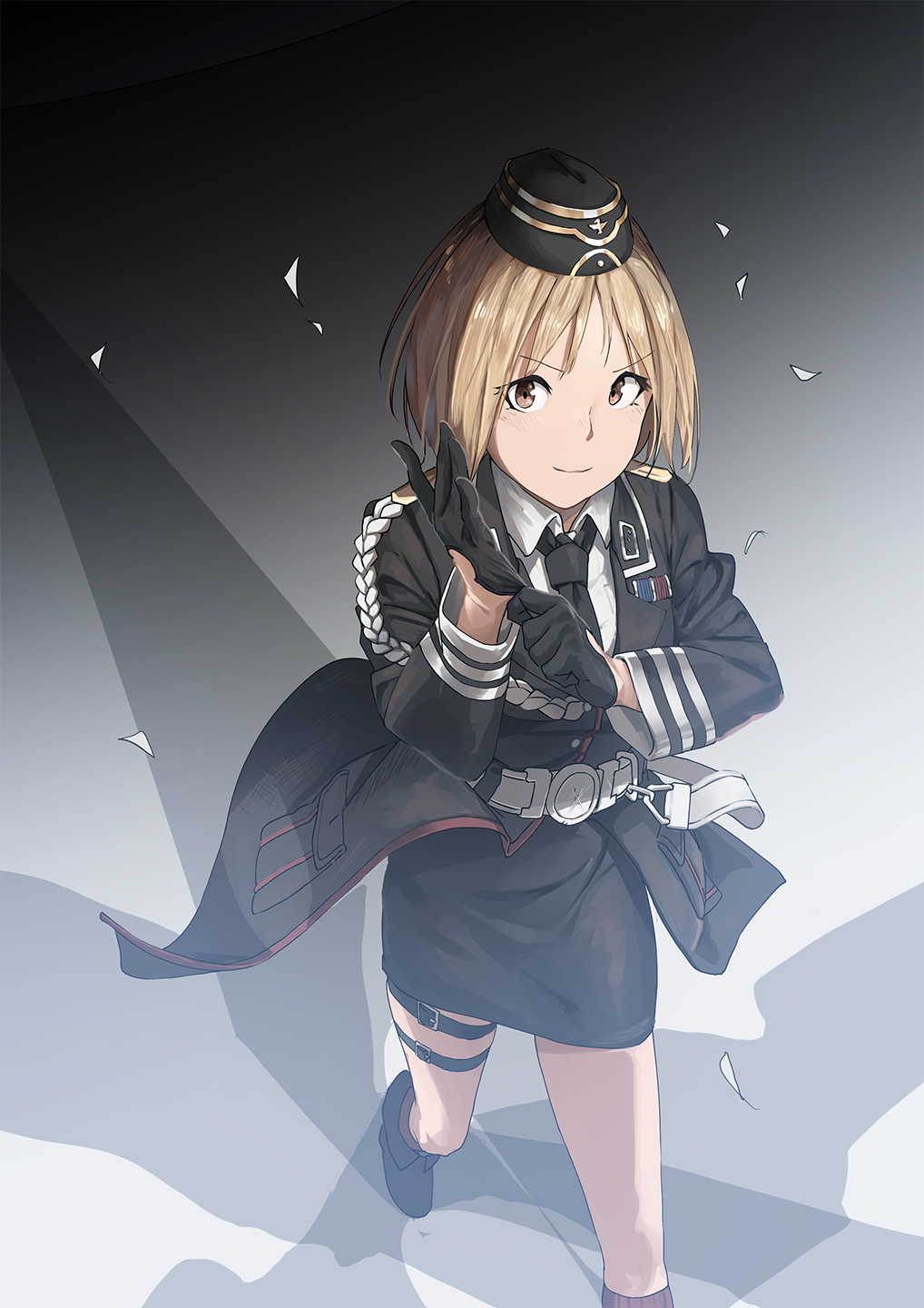 1girl belt black_gloves blonde_hair blush brown_eyes buckle commentary epaulettes from_above garrison_cap girls_frontline gloves hat highres looking_at_viewer looking_up military military_uniform mp40_(girls_frontline) necktie putting_on_gloves short_hair skirt smirk triangle_bullet uniform walking