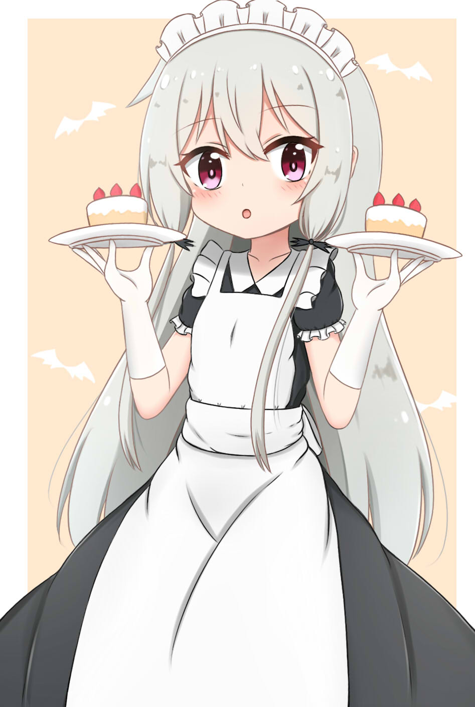 1girl :o alternate_costume apron bangs black_dress blush brown_background cake collarbone collared_dress commentary_request dress elbow_gloves enmaided eyebrows_visible_through_hair food fruit gloves grey_hair hair_between_eyes hair_ornament hands_up highres holding holding_plate jiu_(sdesd3205) long_hair looking_at_viewer maid maid_apron maid_headdress parted_lips plate puffy_short_sleeves puffy_sleeves short_sleeves sidelocks solo sophie_twilight strawberry tonari_no_kyuuketsuki-san two-tone_background very_long_hair violet_eyes white_apron white_background white_gloves