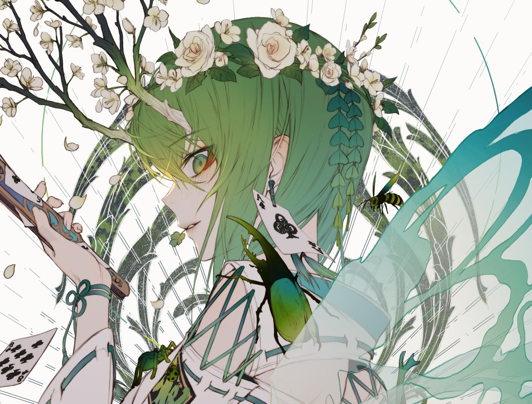 1girl beetle branch bug card close-up earrings eyebrows_visible_through_hair green_eyes green_hair head_wreath insect jewelry long_hair looking_at_viewer original parted_lips playing_card solo wanke