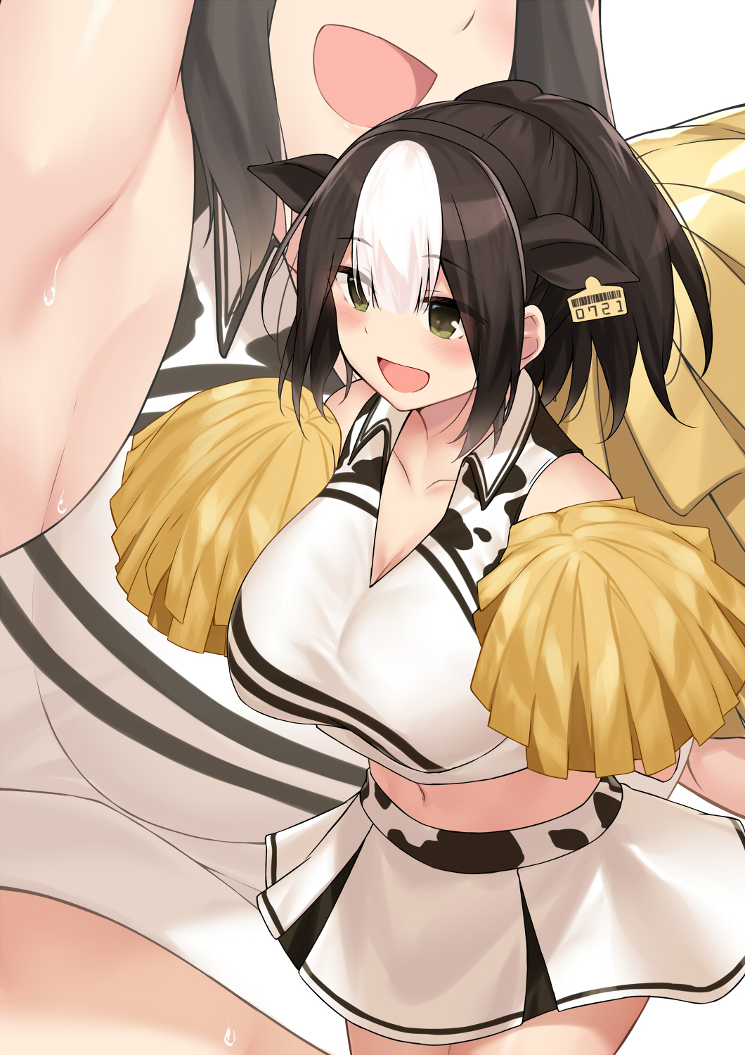 1girl :d animal_ears arm_up armpits bare_shoulders black_hair blush breasts cccpo cheerleader cleavage collarbone collared_shirt commentary_request cow_ears cowboy_shot crop_top ear_tag fake_animal_ears green_eyes hairband highres holding_pom_poms large_breasts midriff miniskirt multicolored_hair navel open_mouth original shirt short_hair sidelocks skirt sleeveless sleeveless_shirt smile solo stomach sweat thighs two-tone_hair white_hair white_shirt white_skirt