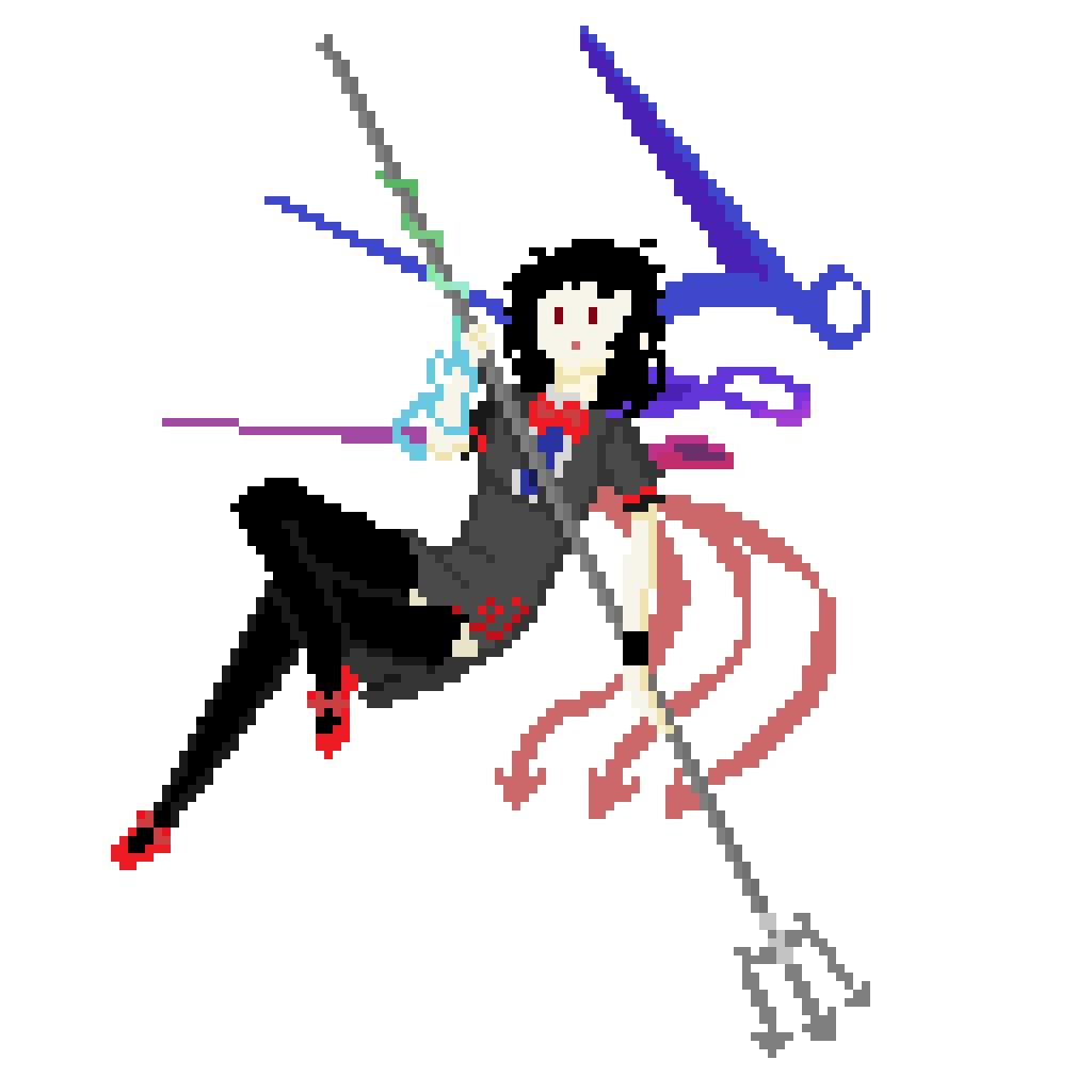 1girl 8-bit asymmetrical_wings black_dress black_hair black_legwear blue_wings bow bowtie dress houjuu_nue pitchfork polearm red_bow red_eyes red_footwear red_wings shoe_bow shoes short_hair solo thigh-highs touhou trident weapon wings