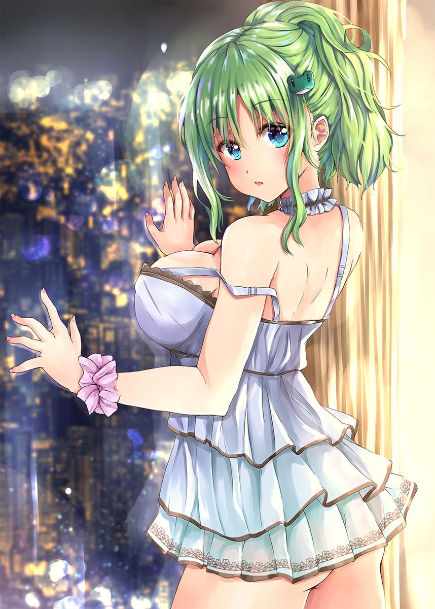 1girl alternate_costume alternate_hairstyle ass blue_eyes blush breasts building choker city city_skyline curtain evening fingernail frills frog_hair_accessories fule girl glass_divider green_hair indoors kochiya_sanae lights lips lit_up_room looking_at_viewer looking_over minidress open_mouth touhou white_dress wrist_scrunchies
