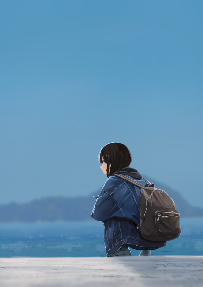 1girl backpack bag beach black_hair blurry cellphone commentary denim denim_jacket denim_skirt depth_of_field dusk hood hood_down horizon island jacket looking_afar original outdoors phone sakeharasu short_hair skirt sky smartphone solo squatting water