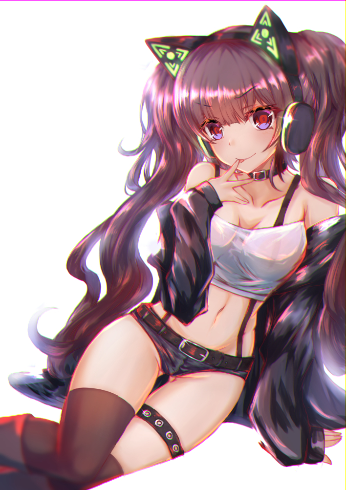 1girl :p animal_ears arm_support bandeau bangs bare_shoulders belt belt_buckle black_belt black_jacket black_shorts blush breasts brown_hair brown_legwear buckle cat_ear_headphones cat_ears choker closed_mouth collarbone crop_top eyebrows_visible_through_hair fake_animal_ears finger_to_mouth glint gluteal_fold groin habu_rin hair_between_eyes headphones jacket long_hair long_sleeves looking_at_viewer medium_breasts micro_shorts midriff navel off_shoulder open_clothes open_jacket original red_eyes shirt shorts sitting sleeves_past_wrists smile solo suspenders thigh-highs thigh_gap thigh_strap tongue tongue_out twintails v-shaped_eyebrows very_long_hair wavy_hair white_shirt yokozuwari