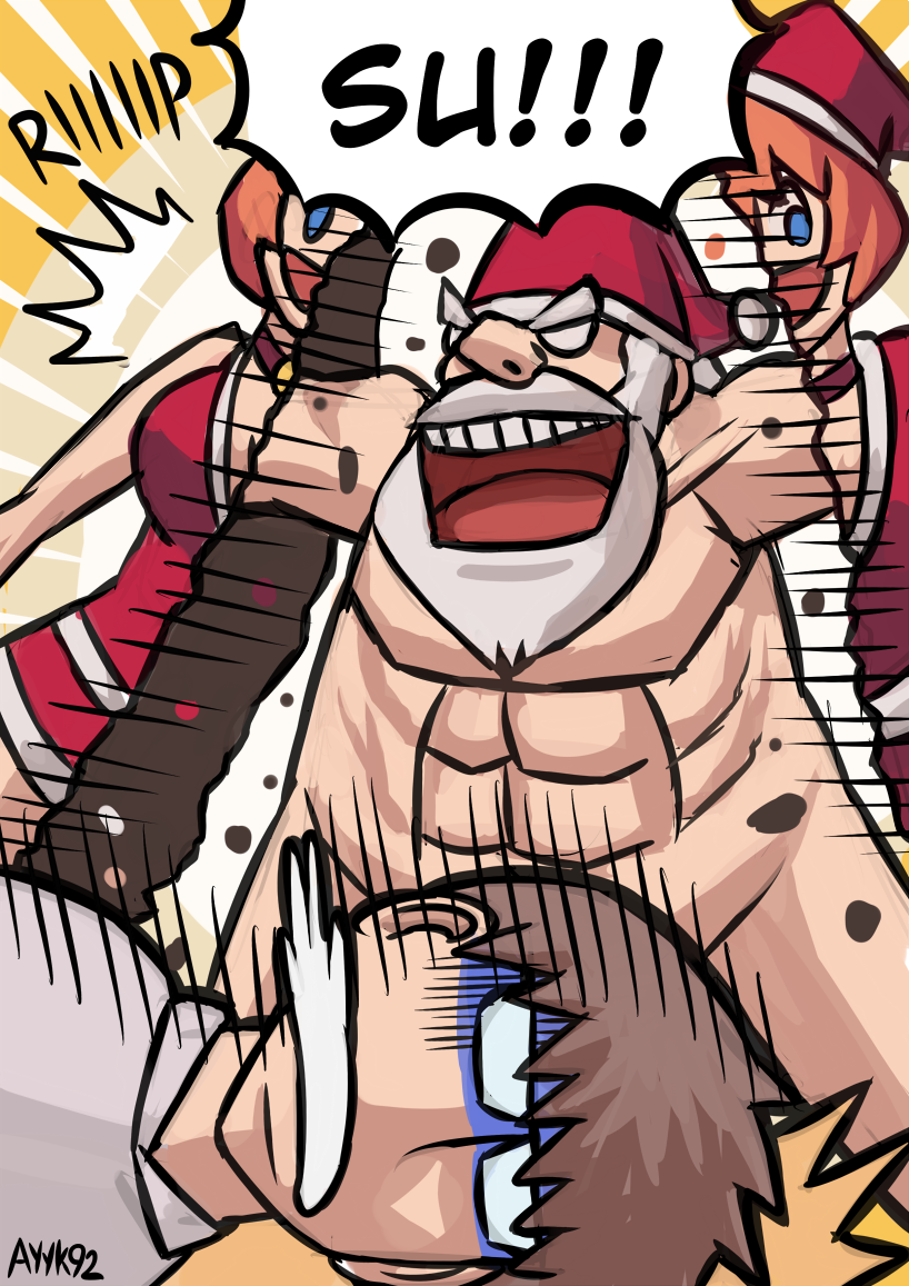 2boys abs ayyk92 beard commentary convenient_censoring cosplay english_commentary facial_hair hat kigurumi male_focus merry_christmas multiple_boys muscle original real_life santa_claus santa_hat thick_eyebrows undressing what you_gonna_get_raped