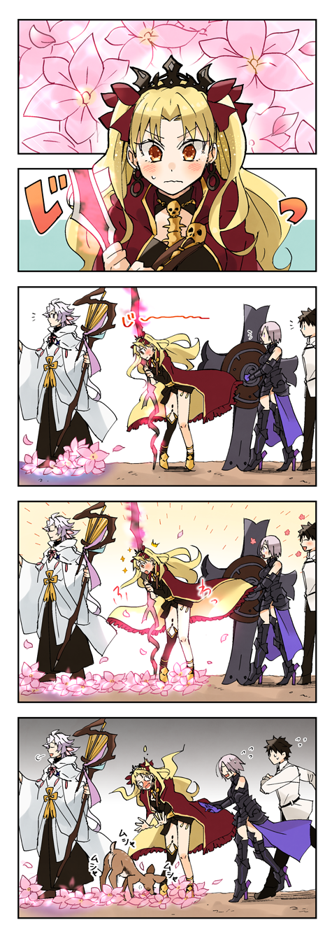 2boys 2girls ahoge animal bangs black_hair black_pants blonde_hair blush boots cape chaldea_uniform comic commentary_request deer dress earrings ereshkigal_(fate/grand_order) fate/grand_order fate_(series) flower fujimaru_ritsuka_(male) hair_ribbon high_heels highres hood jewelry long_hair long_sleeves mash_kyrielight merlin_(fate) misuko_(sbelolt) multiple_boys multiple_girls open_mouth pants parted_bangs pink_flower purple_cape purple_hair red_cape red_eyes ribbon robe short_hair silent_comic skull sparkle staff surprised sweat sweatdrop sweating_profusely sword tears thigh-highs thigh_boots tiara two_side_up wavy_mouth weapon white_hair