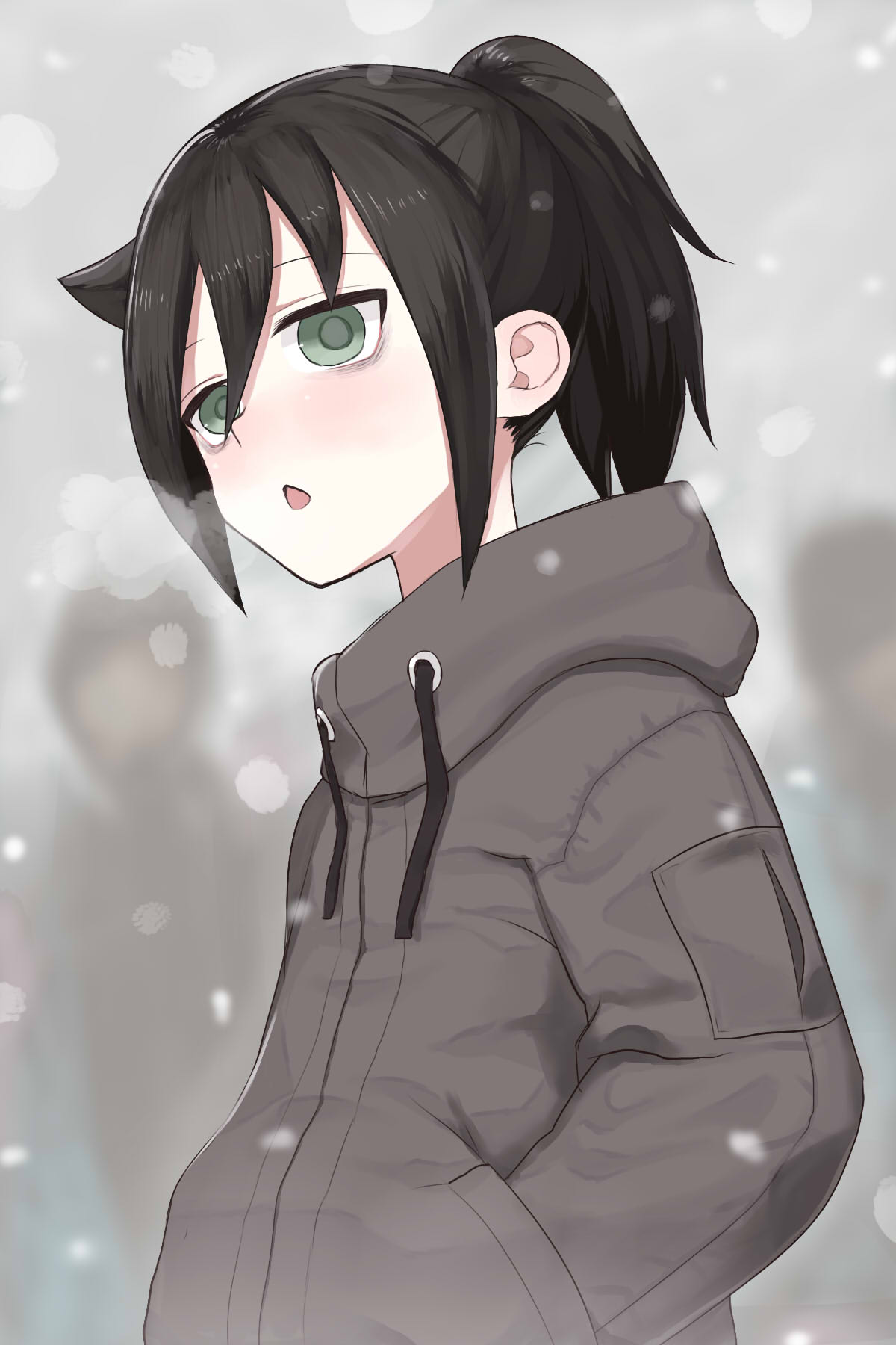 1girl black_hair blush commentary_request from_side green_eyes grey_jacket hands_in_pockets highres jacket koma_neko kuroki_tomoko open_mouth ponytail short_hair sidelocks snowflakes snowing solo watashi_ga_motenai_no_wa_dou_kangaetemo_omaera_ga_warui! winter_clothes