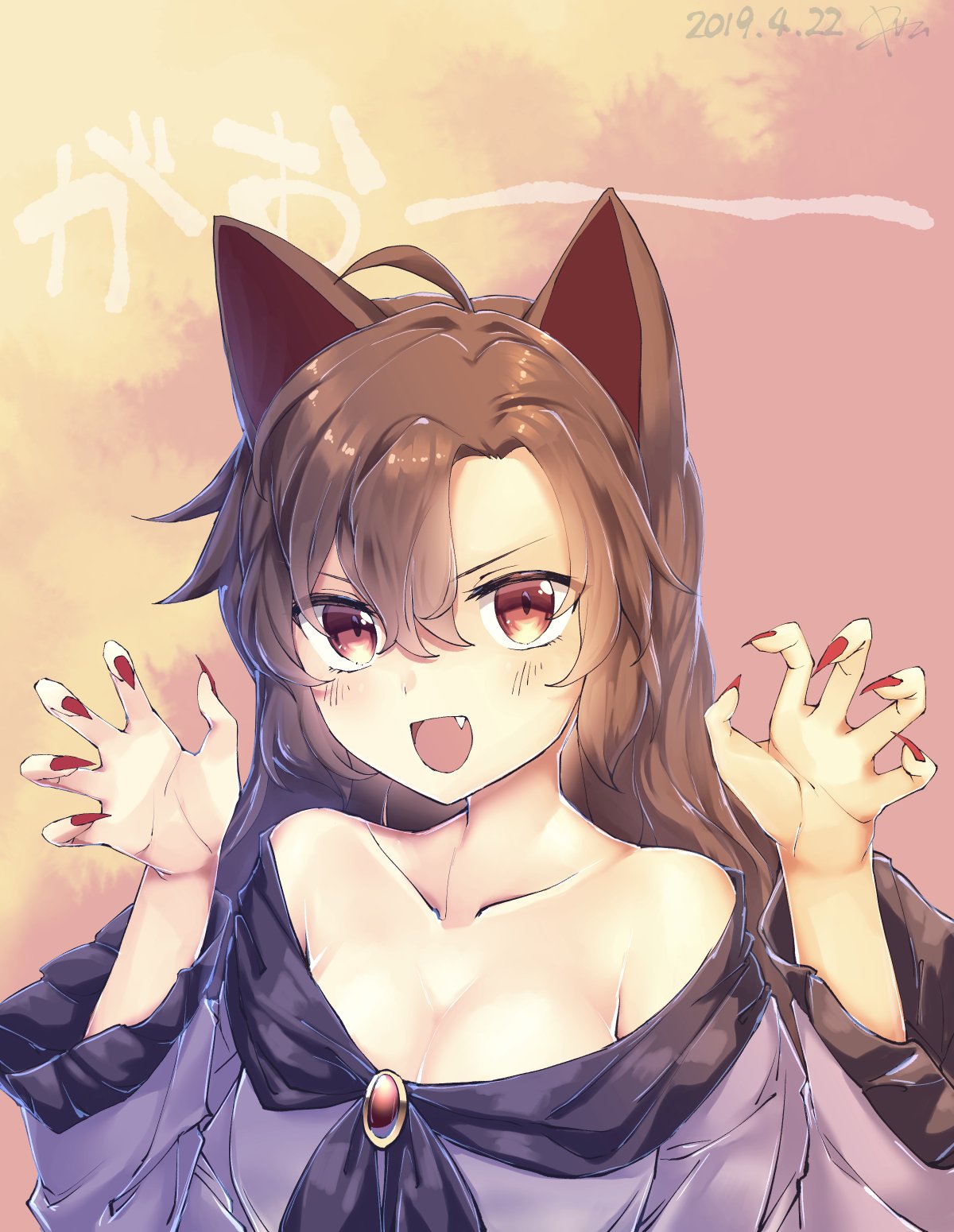 1girl :d animal_ears bare_shoulders breasts brown_hair claw_pose commentary dated dress fang fingernails frilled_sleeves frills highres imaizumi_kagerou kisamu_(ksmz) large_breasts long_hair long_sleeves nail_polish neckerchief open_mouth orange_eyes red_nails sharp_fingernails smile touhou upper_body v-shaped_eyebrows wide_sleeves wolf_ears