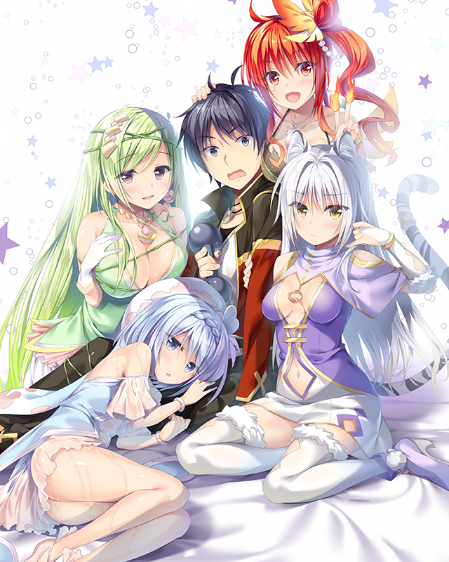 1boy 4girls :d ahoge animal_ears bangs black_hair blue_eyes bracelet braid breasts bridal_gauntlets cleavage crown_braid detached_sleeves emeraude_(watashitachi_to_issho_nara_sekai_saikyou_ikechaimasu_yo?) eyebrows_visible_through_hair fur-trimmed_legwear fur_trim gloves green_eyes green_hair hair_between_eyes hair_intakes hair_ornament hand_on_another's_head jewelry lapis_(watashitachi_to_issho_nara_sekai_saikyou_ikechaimasu_yo?) large_breasts long_hair long_sleeves looking_at_viewer lying medium_breasts midriff miniskirt multiple_girls navel navel_cutout necklace official_art on_side open_mouth oryou pumps red_eyes redhead reina_(watashitachi_to_issho_nara_sekai_saikyou_ikechaimasu_yo?) rubis_(watashitachi_to_issho_nara_sekai_saikyou_ikechaimasu_yo?) shiny shiny_hair short_hair side_ponytail silver_hair skirt smile stomach swept_bangs tail thigh-highs tiger_ears tiger_tail very_long_hair violet_eyes watashitachi_to_issho_nara_sekai_saikyou_ikechaimasu_yo? white_background white_gloves white_legwear white_skirt white_sleeves yellow_eyes