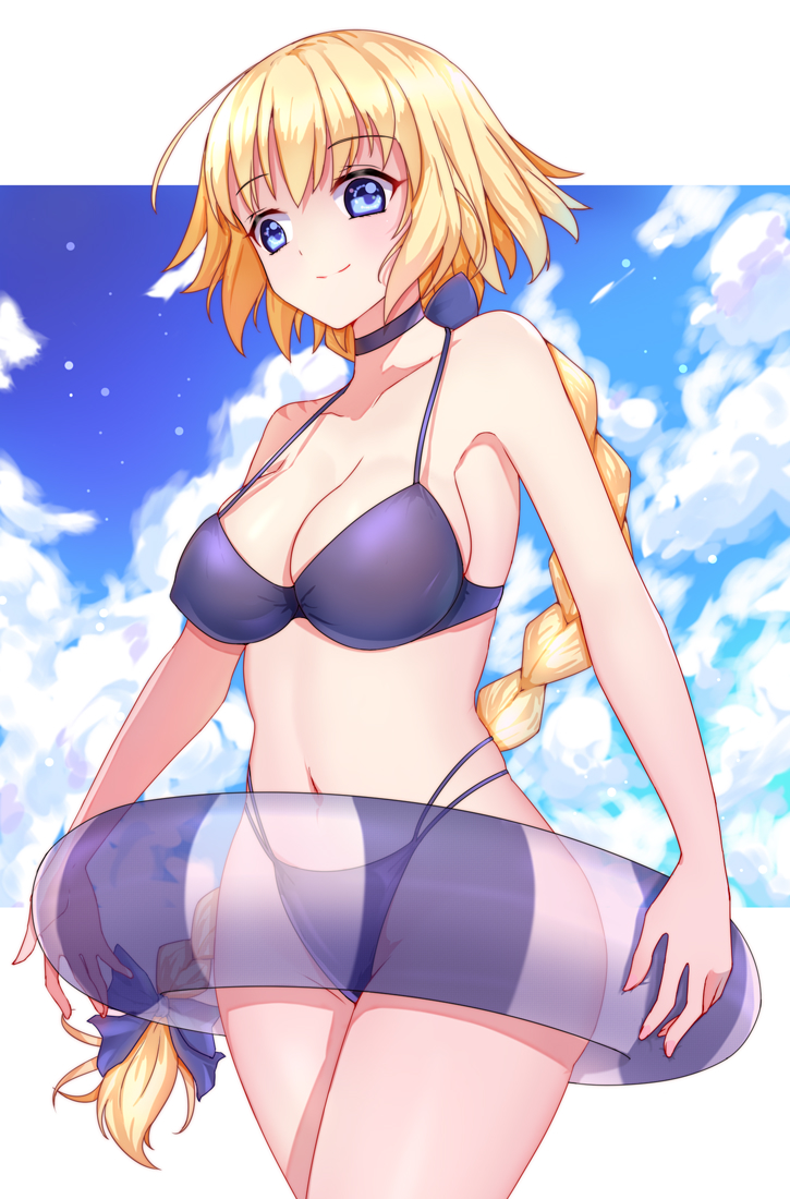 1girl ahoge bikini blonde_hair blue_bikini blue_bow blue_eyes bow braided_ponytail breasts choker cleavage collarbone covered_nipples cowboy_shot eyebrows_visible_through_hair fate/grand_order fate_(series) floating_hair hair_bow innertube jeanne_d'arc_(fate)_(all) jeanne_d'arc_(swimsuit_archer) lixiao_lang long_hair medium_breasts navel shiny shiny_hair smile solo standing swimsuit transparent very_long_hair white_background