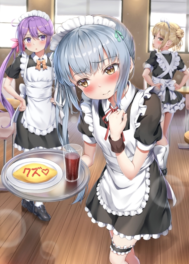 3girls akebono_(kantai_collection) alternate_costume apron bangs black_dress blonde_hair blush brown_eyes closed_mouth commentary_request double_bun dress drink enmaided eyebrows_visible_through_hair food frills grey_hair hair_between_eyes hair_ornament hair_ribbon hand_on_hip holding holding_tray indoors kantai_collection kasumi_(kantai_collection) ketchup kneehighs long_hair looking_at_viewer looking_away maid maid_apron maid_headdress michishio_(kantai_collection) multiple_girls nedia_(nedia_region) omurice open_mouth puffy_short_sleeves puffy_sleeves purple_hair red_neckwear red_ribbon ribbon shoes short_hair short_sleeves side_ponytail standing sweatdrop thigh_strap tray violet_eyes waist_apron white_legwear window wrist_cuffs yellow_eyes