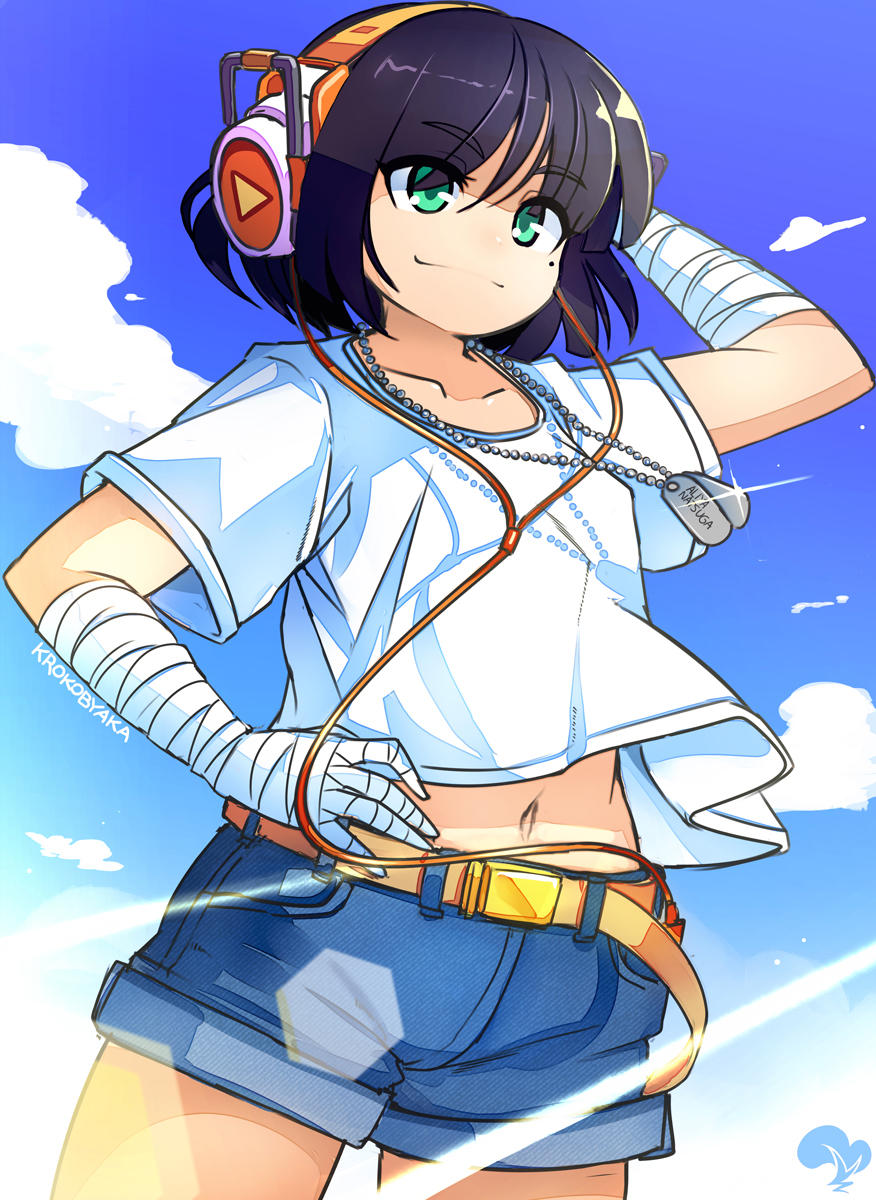 1girl artist_name bandage bandaged_arm bandages belt black_hair blue_sky clouds collarbone commentary day denim denim_shorts dog_tags eyebrows_visible_through_hair eyes_visible_through_hair glint green_eyes hand_on_headphones hand_on_hip hand_up headphones highres krokobyaka light_rays looking_away midriff_peek mole mole_under_eye navel original outdoors shirt short_hair short_sleeves shorts sky smile solo sunbeam sunlight t-shirt white_shirt yellow_belt