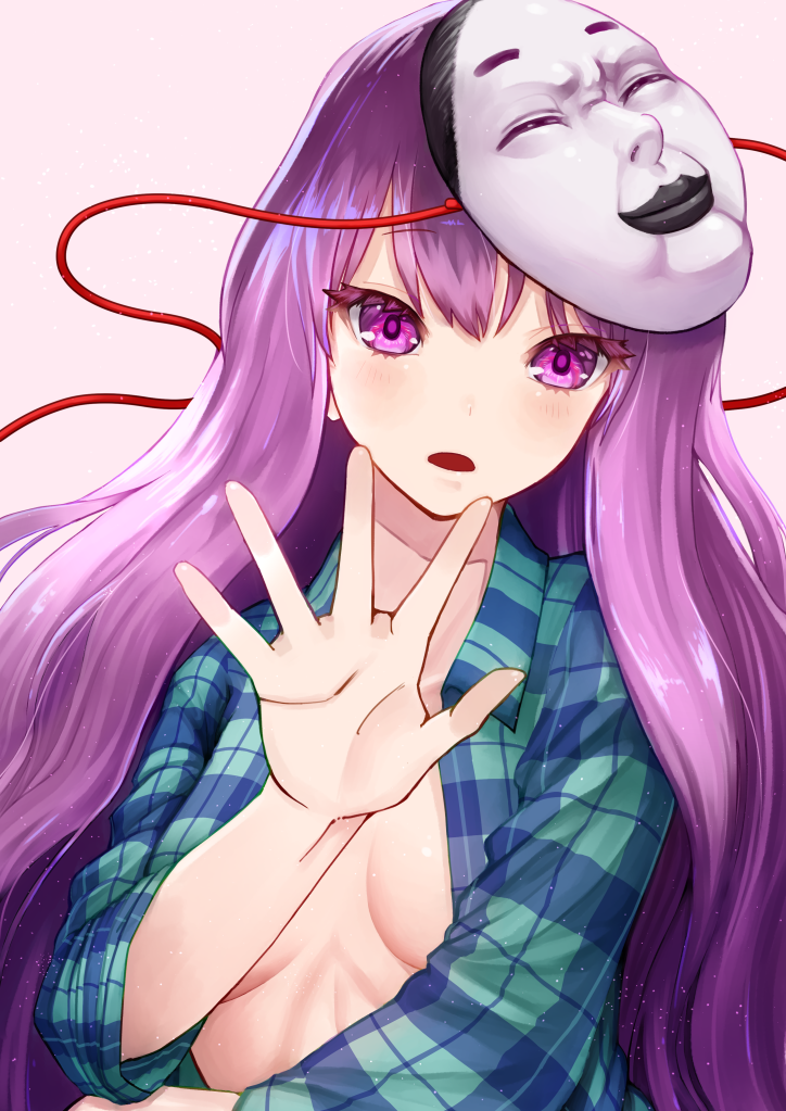 1girl blue_shirt blush breasts burikarun commentary_request hand_up hata_no_kokoro long_hair mask mask_on_head no_bra open_clothes open_hand open_mouth open_shirt pink_eyes pink_hair plaid plaid_shirt shirt simple_background small_breasts solo touhou upper_body