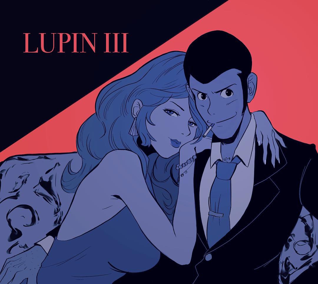 2019 arm_around_shoulder arsene_lupin_iii bare_shoulders bracelet breasts buzz_cut chest_hair cigarette commentary copyright_name dress earrings english_commentary flat_color formal jewelry lips lipstick long_hair looking_at_viewer lupin_iii makeup mine_fujiko monkey_punch nail_polish necktie pac-man_eyes shirt sleeveless sleeveless_dress smile suit tie_clip valantains