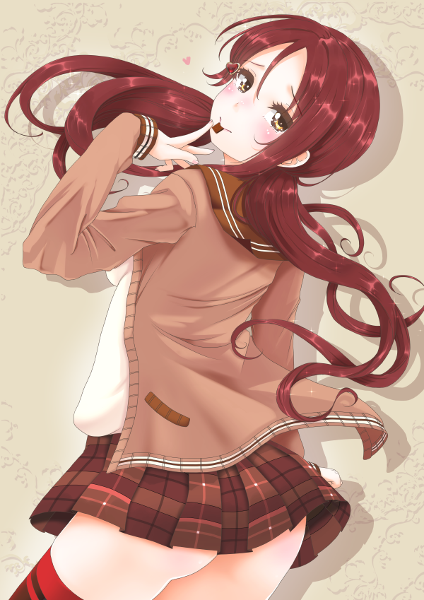 1girl ass blush chocolate frapowa heart long_hair looking_at_viewer love_live! love_live!_school_idol_project plaid plaid_skirt redhead sakurauchi_riko school_uniform skirt solo thigh-highs thighs