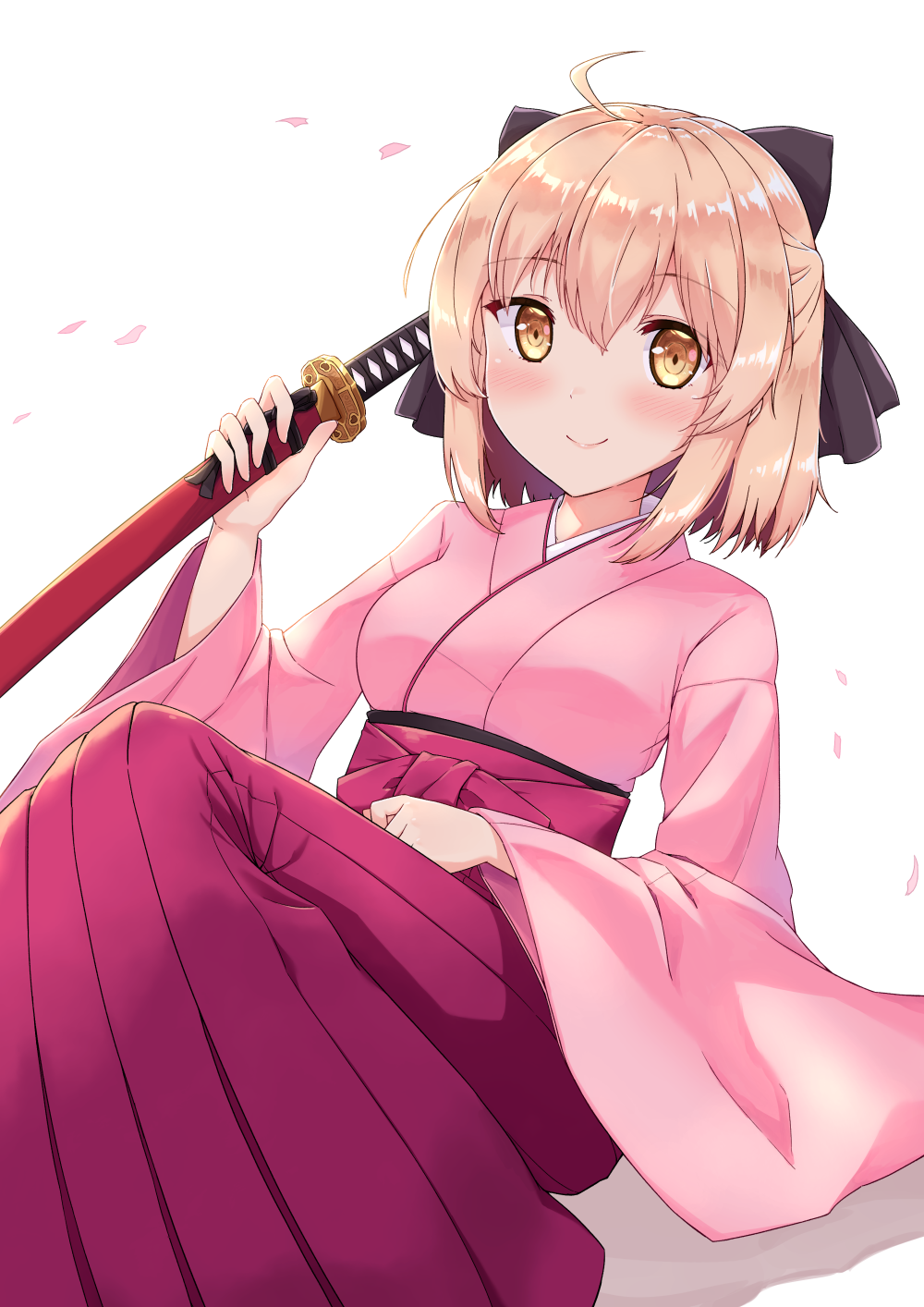 1girl ahoge black_ribbon blonde_hair eyebrows_visible_through_hair fate/grand_order fate_(series) hair_ribbon hakama half_updo highres holding holding_sword holding_weapon japanese_clothes katana kimono koha-ace okita_souji_(fate) okita_souji_(fate)_(all) pink_kimono profnote red_hakama ribbon scabbard sheath sheathed simple_background smile solo sword weapon white_background wide_sleeves yellow_eyes