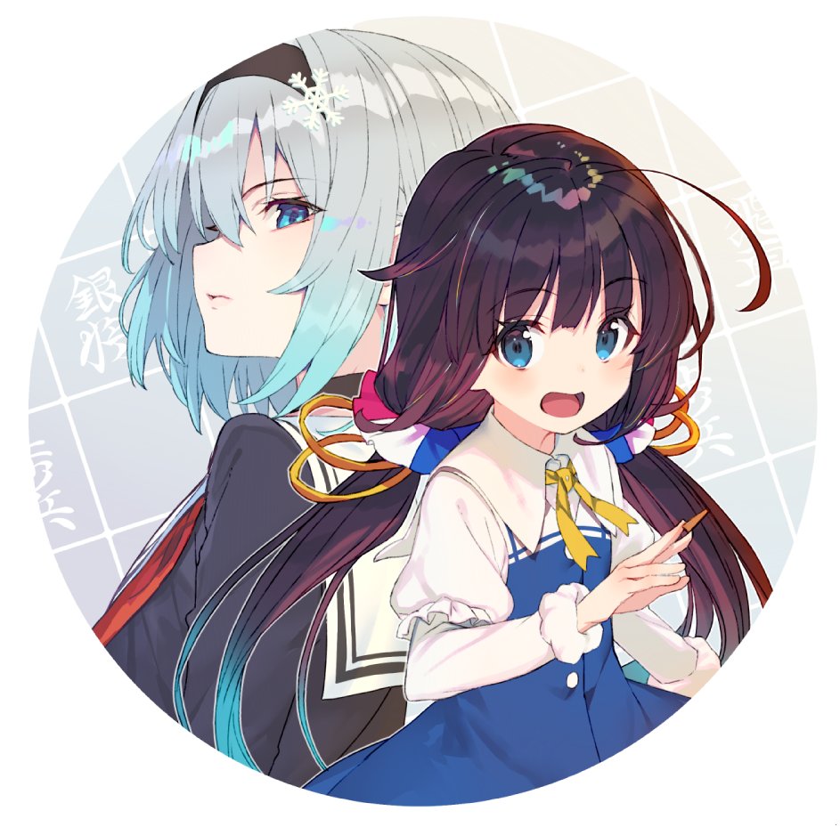 2girls blue_eyes blue_hair blush closed_mouth eyebrows_visible_through_hair grey_hair hair_ornament hairband hinatsuru_ai long_hair long_sleeves looking_at_viewer multicolored_hair multiple_girls open_mouth ryuuou_no_oshigoto! shirabi short_hair smile snowflake_hair_ornament sora_ginko twintails two-tone_hair very_long_hair