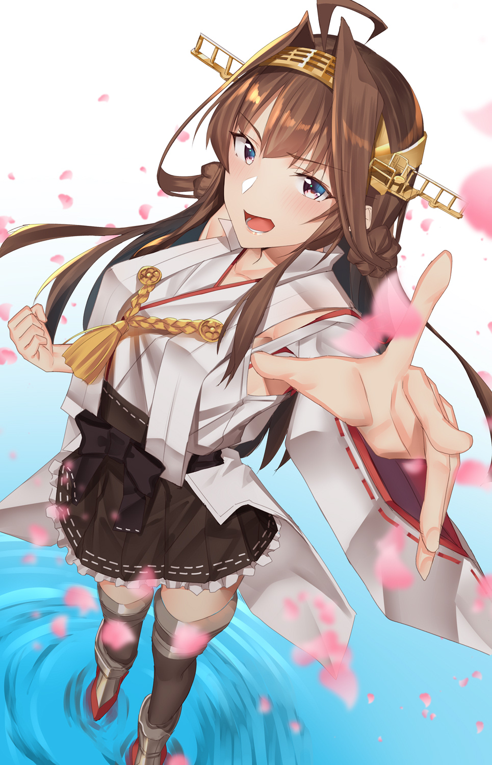 1girl ahoge blush boots breasts brown_hair double_bun eyebrows_visible_through_hair full_body hair_between_eyes hairband headgear highres japanese_clothes kantai_collection kongou_(kantai_collection) large_breasts long_hair nontraditional_miko open_mouth pallad remodel_(kantai_collection) ribbon-trimmed_sleeves ribbon_trim skirt solo thigh-highs thigh_boots