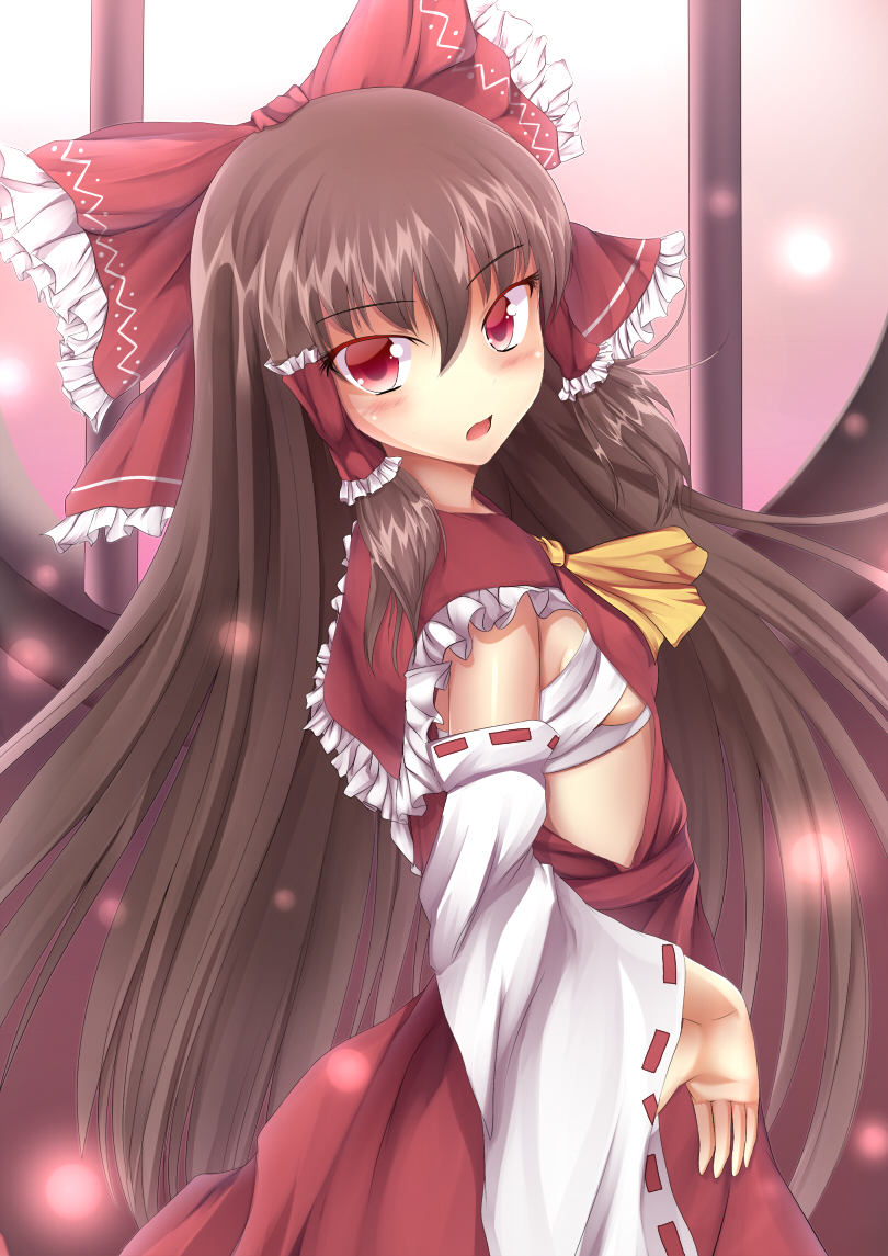 1girl blush breasts brown_hair detached_sleeves eyebrows_visible_through_hair hair_ribbon haiumore hakurei_reimu japanese_clothes long_hair looking_at_viewer medium_breasts miko open_mouth red_eyes ribbon sideboob solo touhou very_long_hair