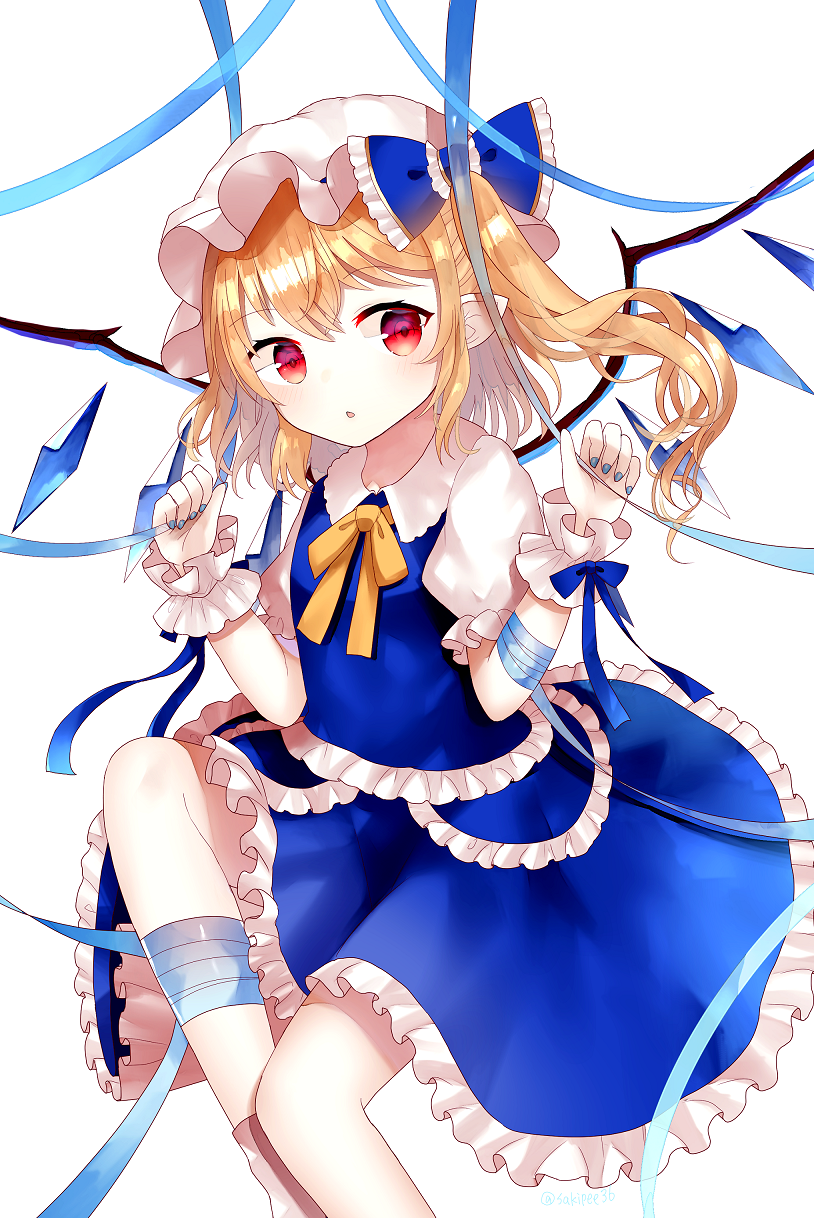 1girl alternate_color arm_ribbon arms_up blonde_hair blue_nails blue_skirt blue_vest crystal curled_fingers expressionless eyebrows_visible_through_hair feet_out_of_frame fingernails flandre_scarlet frilled_skirt frilled_vest frills hair_between_eyes hair_ribbon hat highres knee_up leg_ribbon looking_at_viewer mob_cap nail_polish neck_ribbon pale_skin parted_lips petticoat pointy_ears puffy_short_sleeves puffy_sleeves red_eyes ribbon sakipsakip shirt short_hair short_sleeves side_ponytail simple_background sitting skirt solo touhou triangle_mouth vest white_background white_headwear white_shirt wings wrist_cuffs yellow_neckwear