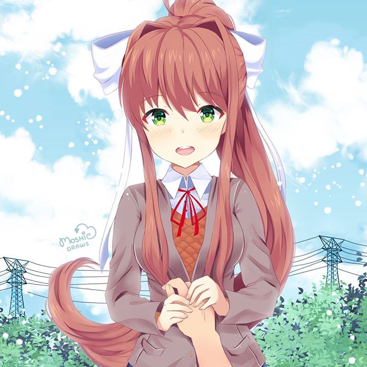 1girl :d artist_name blue_sky blush bow breasts brown_hair bush clouds day doki_doki_literature_club green_eyes grey_jacket hair_bow hair_ribbon hand_holding jacket long_hair long_sleeves looking_at_viewer medium_breasts monika_(doki_doki_literature_club) moshiedraws open_mouth outdoors ponytail power_lines ribbon school_uniform sidelocks sky smile standing very_long_hair white_ribbon