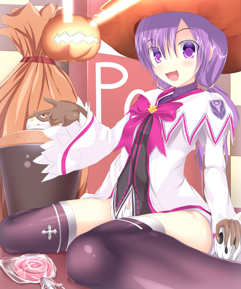 1girl aisha_(elsword) angkor_(elsword) blush broom candy elemental_master_(elsword) elsword eye_beam eyebrows_visible_through_hair food haiumore halloween hat highres jack-o'-lantern lollipop panties pantyshot smile thigh-highs thighs underwear witch_hat