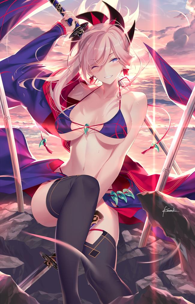 1girl asymmetrical_hair backlighting bangs bare_shoulders bikini black_legwear blue_bikini blue_eyes blue_kimono blush breasts cleavage collarbone earrings fate/grand_order fate_(series) grin hair_ornament japanese_clothes jewelry katana kimono kimono_removed kousaki_rui large_breasts long_hair looking_at_viewer magatama miyamoto_musashi_(fate/grand_order) navel ocean one_eye_closed pink_hair ponytail signature sitting smile solo sunset swept_bangs swimsuit sword thigh-highs thighs weapon wide_sleeves