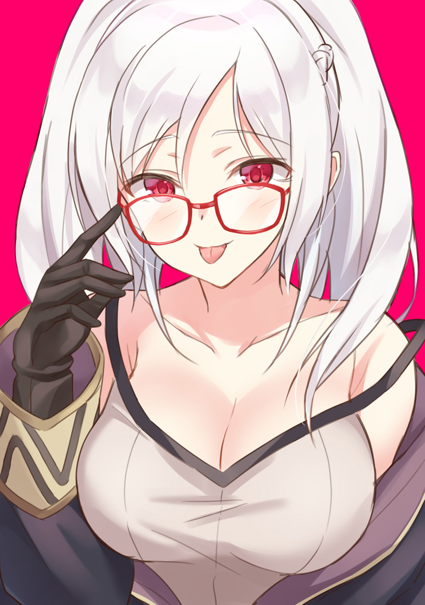 1girl :p bare_shoulders bespectacled black_gloves braid breasts cape cleavage collarbone dark_persona eyebrows_visible_through_hair female_my_unit_(fire_emblem:_kakusei) fire_emblem fire_emblem:_kakusei fire_emblem_heroes french_braid gimurei glasses gloves highres hood large_breasts long_hair long_sleeves looking_at_viewer my_unit_(fire_emblem:_kakusei) nintendo open_clothes pink_background red-framed_eyewear red_eyes robe shiyo_yoyoyo simple_background smile solo strap_slip tongue tongue_out twintails upper_body white_hair