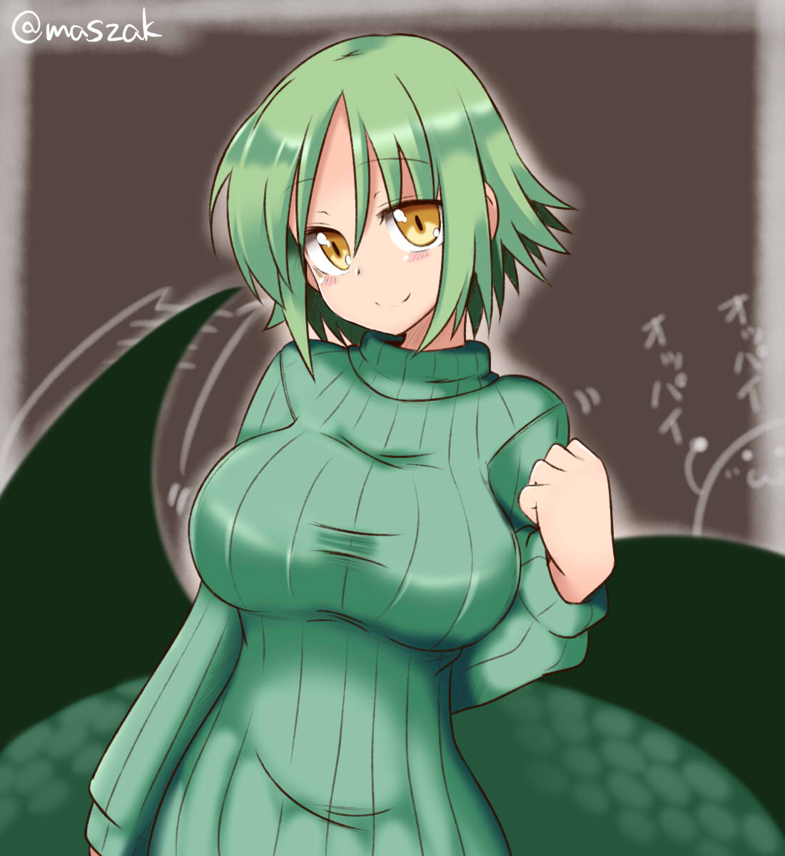 1girl artist_name blush breasts commentary cowboy_shot eyebrows_visible_through_hair green_hair green_sweater highres lamia large_breasts looking_at_viewer madara_(masu_shu) masu_shu monster_girl original scales short_hair simple_background smile spiky_hair sweater tail yellow_eyes