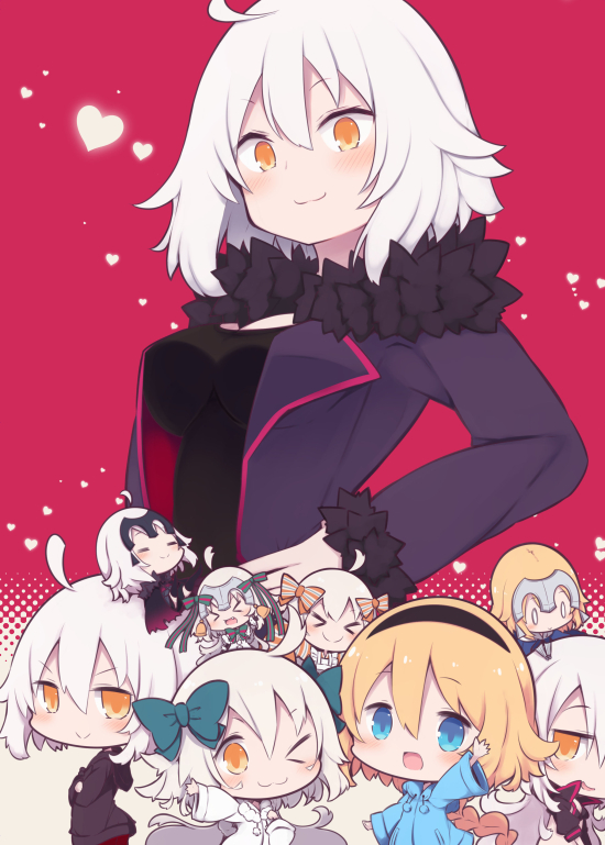 &gt;:) &gt;_&lt; &gt;_o 0_0 6+girls ;3 =_= ahoge bangs bell beni_shake black_dress black_jacket blonde_hair blue_jacket blush bow braid breasts chibi closed_eyes closed_mouth commentary_request dress eyebrows_visible_through_hair fate/grand_order fate_(series) fur-trimmed_jacket fur-trimmed_sleeves fur_trim green_bow green_ribbon hair_between_eyes hair_bow hand_on_hip headpiece heart hood hood_down hooded_jacket jacket jeanne_d'arc_(alter)_(fate) jeanne_d'arc_(alter_swimsuit_berserker) jeanne_d'arc_(fate) jeanne_d'arc_(fate)_(all) jeanne_d'arc_(swimsuit_archer) jeanne_d'arc_alter_santa_lily long_hair long_sleeves medium_breasts multiple_girls one_eye_closed open_clothes open_jacket orange_eyes puffy_short_sleeves puffy_sleeves purple_jacket ribbon short_sleeves single_braid sleeves_past_wrists smile striped striped_bow striped_ribbon v-shaped_eyebrows very_long_hair white_hair white_jacket wicked_dragon_witch_ver._shinjuku_1999 wide_sleeves