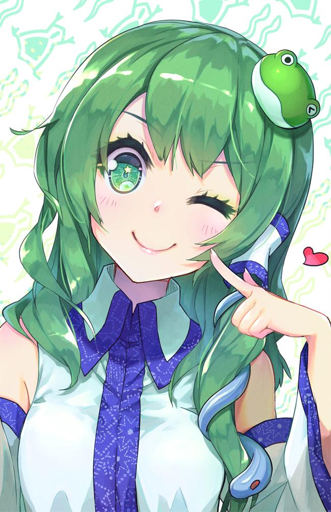 1girl bare_shoulders blush breasts closed_mouth collared_shirt detached_sleeves frog_hair_ornament green_eyes green_hair hair_ornament hair_tubes hand_up heart japanese_clothes kochiya_sanae long_hair long_sleeves looking_at_viewer medium_breasts one_eye_closed shirt smile snake_hair_ornament solo syuri22 touhou upper_body white_shirt wide_sleeves