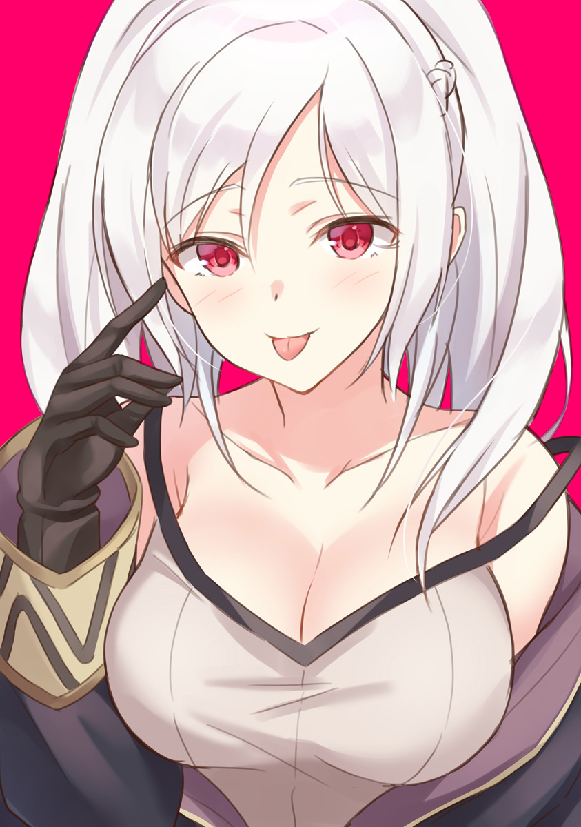 1girl :p bare_shoulders black_gloves braid breasts cape cleavage collarbone dark_persona eyebrows_visible_through_hair female_my_unit_(fire_emblem:_kakusei) fire_emblem fire_emblem:_kakusei fire_emblem_heroes french_braid gimurei glasses gloves highres hood large_breasts long_hair long_sleeves looking_at_viewer my_unit_(fire_emblem:_kakusei) nintendo open_clothes pink_background red_eyes robe shiyo_yoyoyo simple_background smile solo strap_slip tongue tongue_out twintails upper_body white_hair