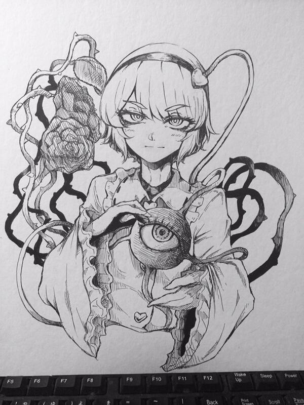 1girl blouse blush breasts buttons desk eyebrows_visible_through_hair eyelashes flower frilled_shirt_collar frills hair_ornament hairband heart heart_hair_ornament heart_of_string komeiji_satori long_sleeves nicutoka ribbon-trimmed_collar ribbon_trim rose short_hair sketch thick_eyebrows third_eye thorns touhou wide_sleeves