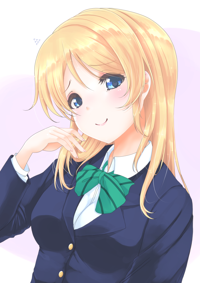 1girl ayase_eli blazer blonde_hair blue_eyes blush bow bowtie dress_shirt fingernails frapowa hand_in_hair head_tilt jacket long_fingernails long_hair love_live! love_live!_school_idol_project pink_background school_uniform shirt smile solo upper_body