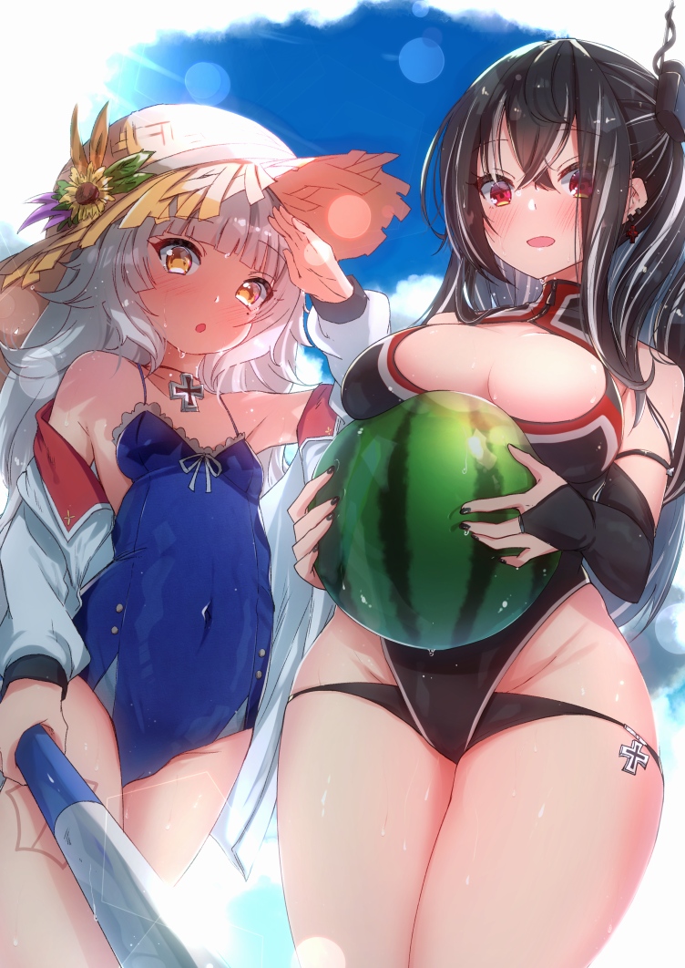 2girls azur_lane bangs baseball_bat black_hair black_nails blue_sky blunt_bangs blush bridal_gauntlets clouds eyebrows_visible_through_hair flower food fruit hair_between_eyes hat hat_flower hato_haru iron_cross jacket jacket_over_swimsuit looking_at_viewer metal_baseball_bat multicolored_hair multiple_girls nail_polish one-piece_swimsuit one_side_up open_mouth red_eyes shading_eyes silver_hair sky straw_hat streaked_hair sunlight swimsuit tattoo u-47_(azur_lane) watermelon yellow_eyes z46_(azur_lane)