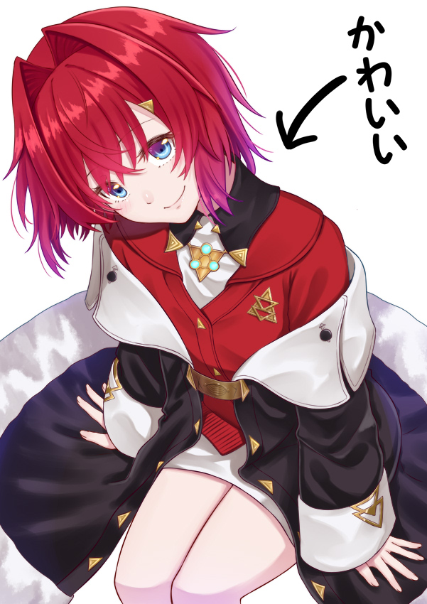 1girl ange_katrina bangs bare_shoulders black_coat blue_eyes coat directional_arrow eyebrows_visible_through_hair hair_intakes hair_ornament head_tilt jacket looking_at_viewer mizunashi_hayate nijisanji open_clothes open_coat red_jacket redhead short_hair simple_background sitting sleeves_past_wrists smile solo virtual_youtuber white_background