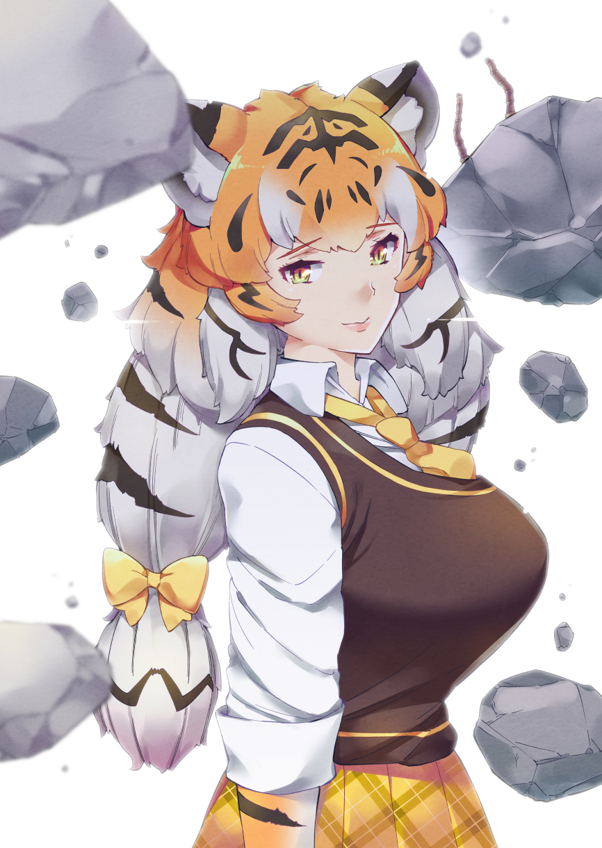 1girl animal_ears animal_print arm_at_side bangs black_hair bow bowtie breasts closed_mouth collared_shirt debris eyebrows_visible_through_hair from_side gloves highres kemono_friends large_breasts lips long_hair long_sleeves looking_at_viewer looking_to_the_side low-tied_long_hair multicolored_hair necktie nib_pen_(medium) orange_hair plaid plaid_skirt print_gloves shirt siberian_tiger_(kemono_friends) skirt slit_pupils smile solo streaked_hair sweater_vest takano_itsuki tiger_ears tiger_print traditional_media twintails upper_body white_hair white_shirt wing_collar yellow_eyes yellow_neckwear