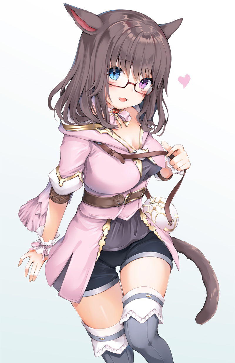 1girl :d animal_ears bag bangs black_shorts blue_background blue_eyes blush breasts brown-framed_eyewear brown_hair cat_ears cat_girl cat_tail dress eyebrows_visible_through_hair final_fantasy final_fantasy_xiv glasses gradient gradient_background grey_legwear hair_between_eyes heterochromia highres holding_strap kanora long_hair medium_breasts miqo'te open_mouth pink_dress semi-rimless_eyewear short_shorts short_sleeves shorts shoulder_bag smile solo tail thigh-highs under-rim_eyewear violet_eyes whisker_markings white_background wrist_cuffs