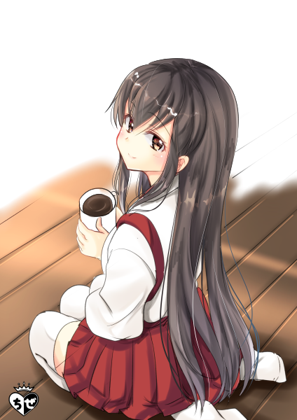 1girl akagi_(kantai_collection) artist_logo black_hair brown_eyes chize cup from_behind full_body hakama hakama_skirt hot_chocolate japanese_clothes kantai_collection long_hair looking_at_viewer looking_back mug red_hakama sitting solo straight_hair tasuki thigh-highs wariza white_legwear wooden_floor