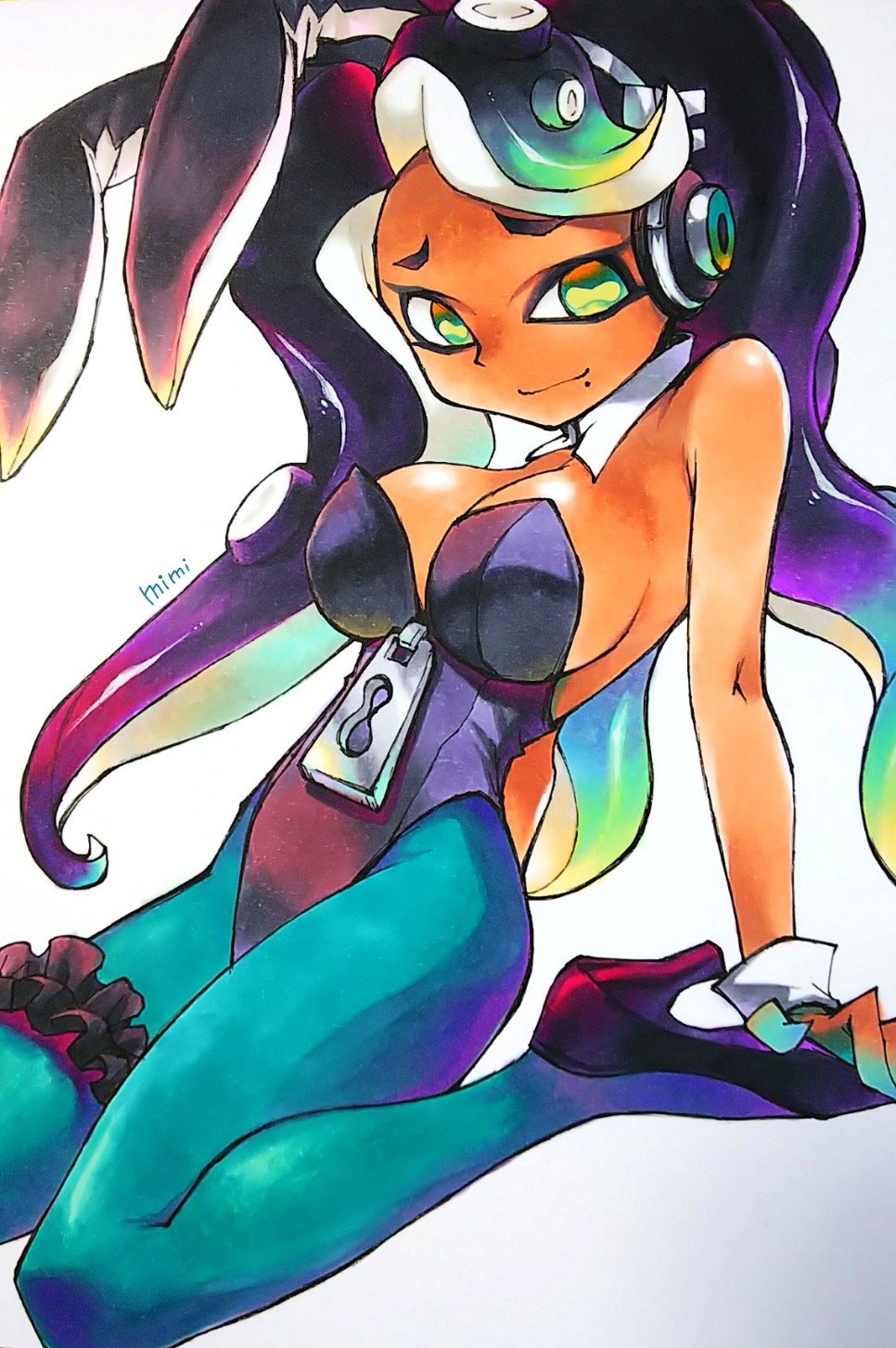 1girl animal_ears breasts bunnysuit dark_skin green_eyes green_legwear headphones high_heels highres iida_(splatoon) large_breasts marker_(medium) mole mole_under_mouth oversized_zipper pantyhose rabbit_ears sitting smile splatoon splatoon_(series) splatoon_2 tentacle_hair thigh_strap traditional_media wariza