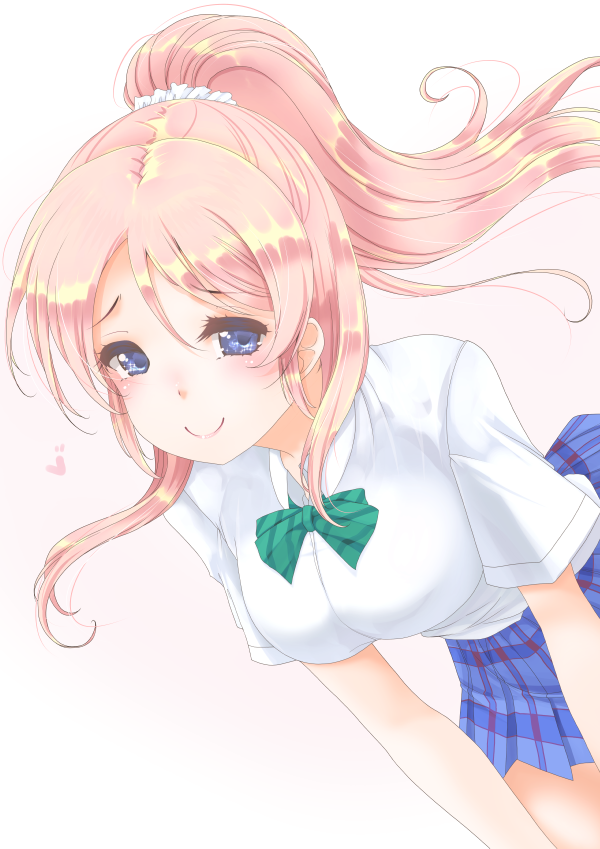 1girl ayase_eli blonde_hair blue_eyes breasts dutch_angle frapowa high_ponytail large_breasts leaning_forward love_live! love_live!_school_idol_project plaid plaid_skirt skirt smile solo white_background