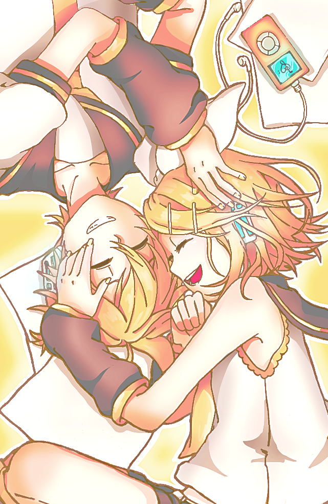 anniversary armpits bare_shoulders bass_clef blonde_hair bow brother_and_sister collarbone detached_sleeves digital_media_player earphones grin hair_bow hair_ornament hairclip hand_on_another's_cheek hand_on_another's_face hand_on_another's_head happy head_to_head headphones headset heart kagamine_len kagamine_rin laughing lying nail_polish on_back on_side papers petting reifuji sailor_collar shirt short_hair shorts siblings sleeveless sleeveless_shirt smile treble_clef twins vocaloid yellow_background yellow_nails