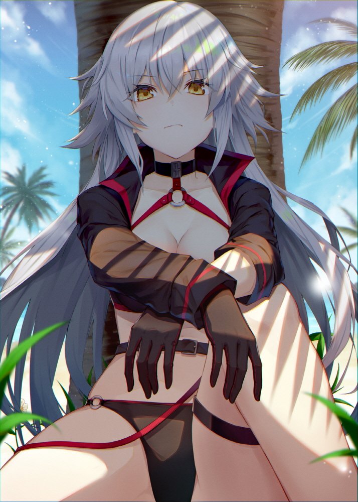 1girl against_tree backlighting bangs bikini black_bikini black_gloves blue_sky breasts cleavage clouds cloudy_sky day eyebrows_visible_through_hair fate/grand_order fate_(series) gloves hair_between_eyes jeanne_d'arc_(alter_swimsuit_berserker) jeanne_d'arc_(fate)_(all) large_breasts long_hair long_sleeves looking_at_viewer o-ring o-ring_bikini outdoors palm_tree shadow shrug_(clothing) silver_hair sitting sky soya_(torga) swimsuit thigh_strap tree yellow_eyes