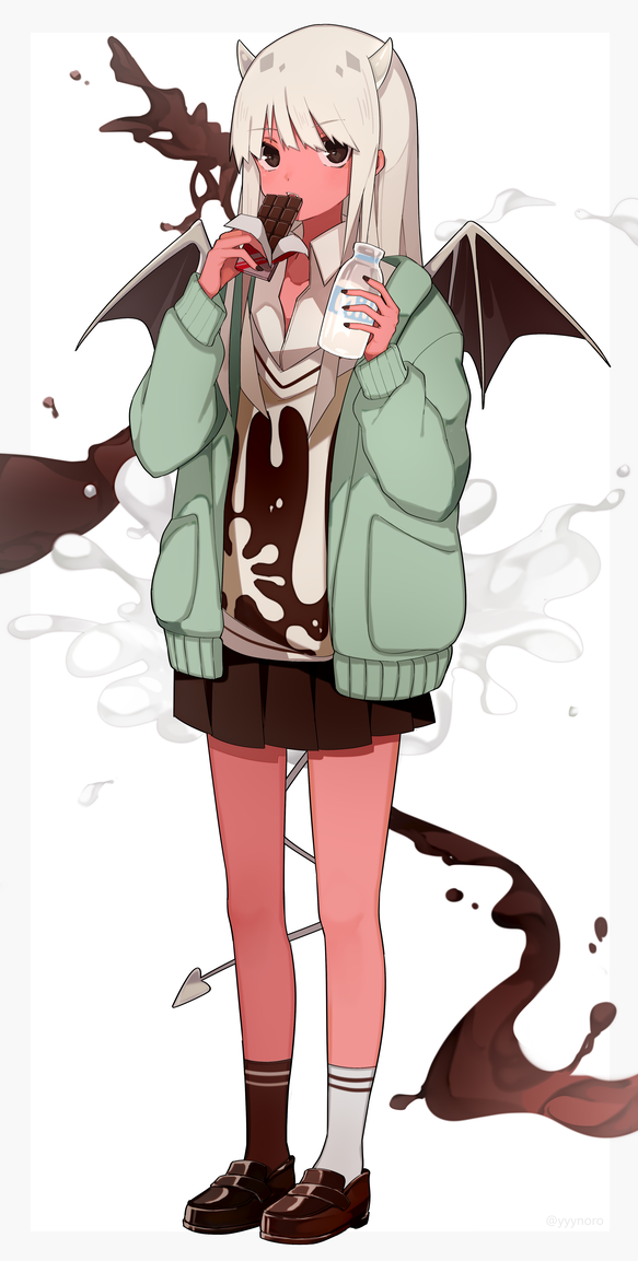 1girl bangs black_nails bottle brown_eyes brown_footwear brown_legwear brown_skirt brown_wings captain_yue chocolate chocolate_bar collared_shirt commentary_request demon_girl demon_horns demon_tail demon_wings eyebrows_visible_through_hair fingernails food full_body green_jacket grey_hair hair_between_eyes holding holding_food horns jacket loafers long_hair looking_at_viewer milk milk_bottle mismatched_legwear nail_polish open_clothes open_jacket original pleated_skirt shirt shoes skirt socks solo standing sweater_vest tail white_legwear white_shirt wings