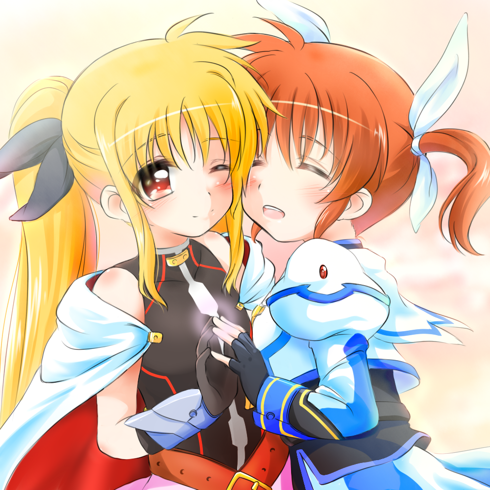 2girls blonde_hair blush closed_eyes couple fate_testarossa happy kerorokjy long_hair looking_at_another lyrical_nanoha mahou_shoujo_lyrical_nanoha mahou_shoujo_lyrical_nanoha_a's multiple_girls orange_hair red_eyes short_twintails simple_background smile takamachi_nanoha twintails yuri