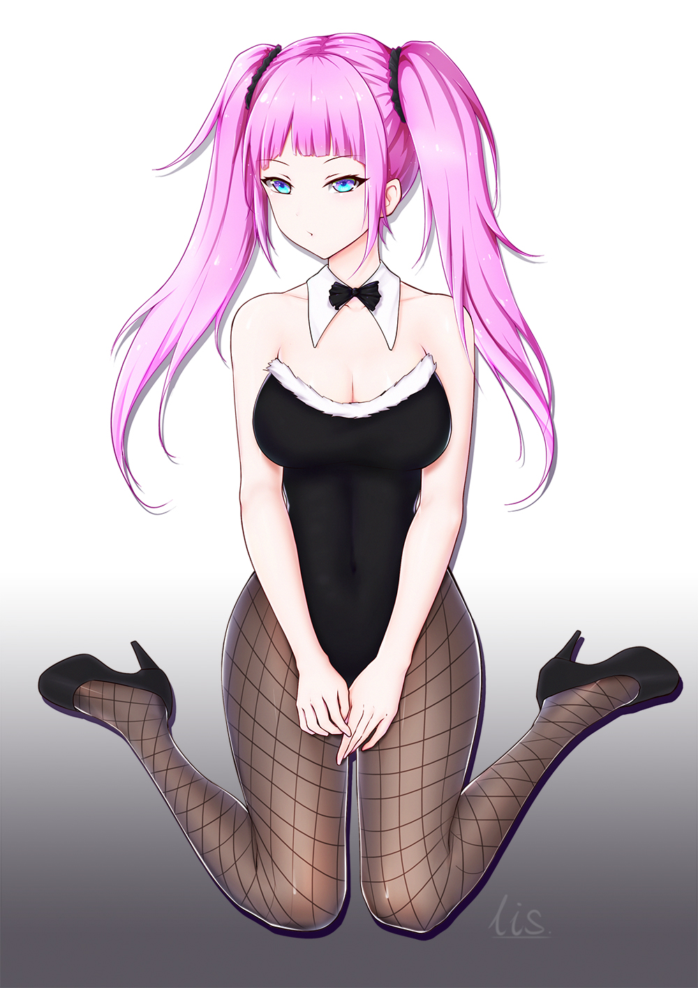 1girl artist_name bar_shoulders blue_eyes bow breasts collarbone commentary_request eyebrows_visible_through_hair fishnet_pantyhose fishnets fullbody hair_ornament highres kneeling large_breasts lis_zhu_long long_hair looking_at_viewer original pantyhose pink_hair shoes solo