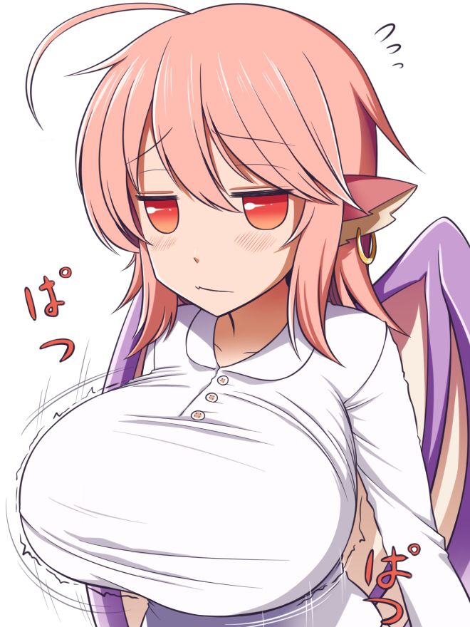 alternate_breast_size alternate_costume bird_wings blush bouncing_breasts breasts collared_shirt commentary_request curvy earrings hair_between_eyes impossible_clothes impossible_shirt jewelry large_breasts large_wings long_sleeves looking_at_viewer mystia_lorelei orange_eyes pink_hair pointy_ears shirt short_hair solo touhou white_shirt wings xialu_zajin youkai