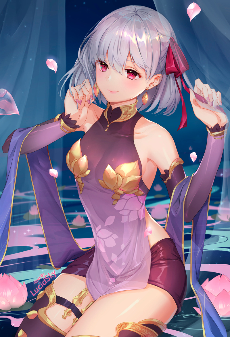 1girl artist_name bangs bare_shoulders blush breasts closed_mouth detached_sleeves dress earrings fate/grand_order fate_(series) hair_between_eyes hair_ribbon jewelry kama_(fate/grand_order) looking_at_viewer petals purple_skirt red_eyes ribbon short_hair silver_hair skirt smile solo thigh-highs thigh_strap thighs water yume_ou