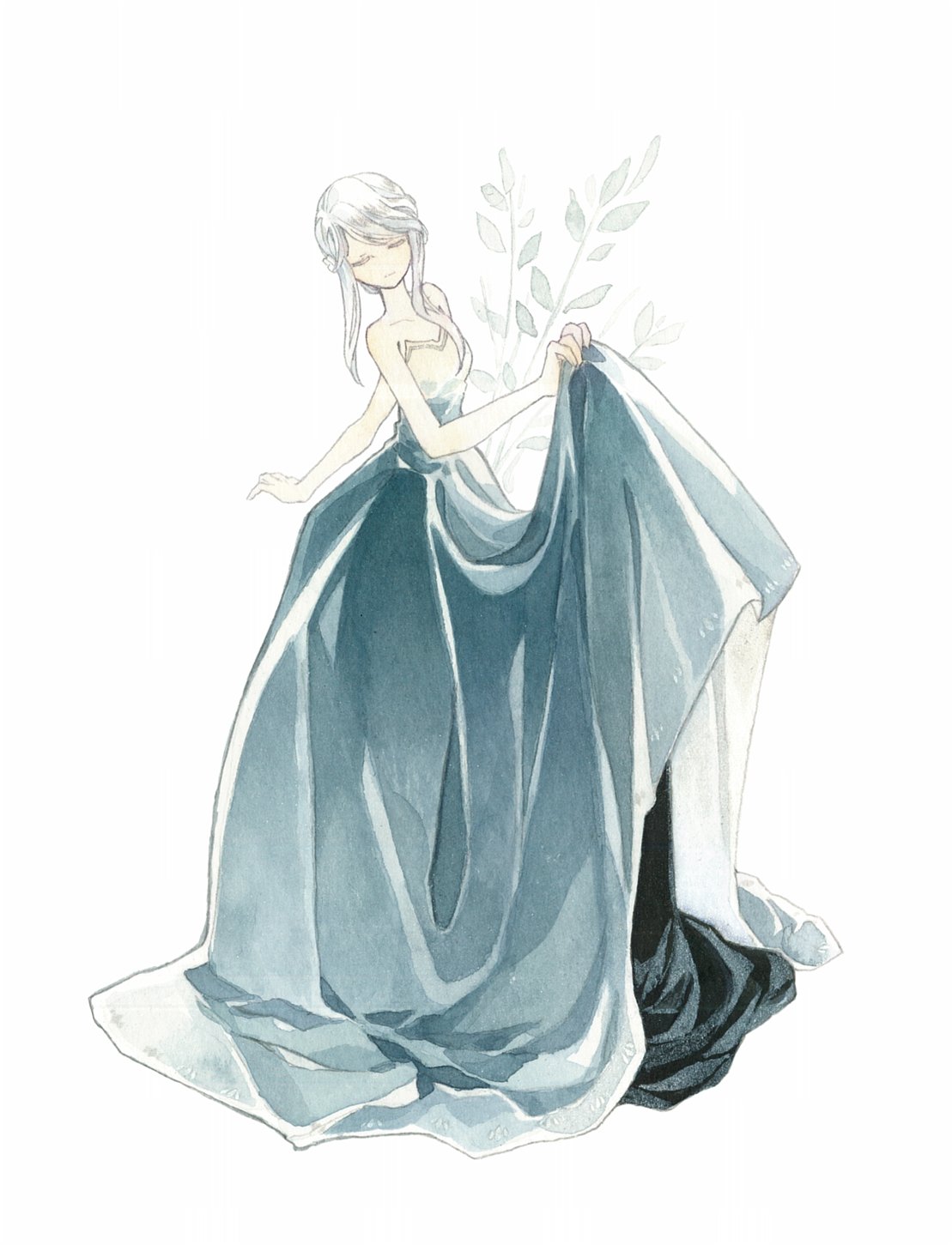 1girl bare_shoulders closed_eyes dress expressionless highres holding_dress kamura_gimi leaf limited_palette long_hair no_nose original plant simple_background solo white_background white_hair